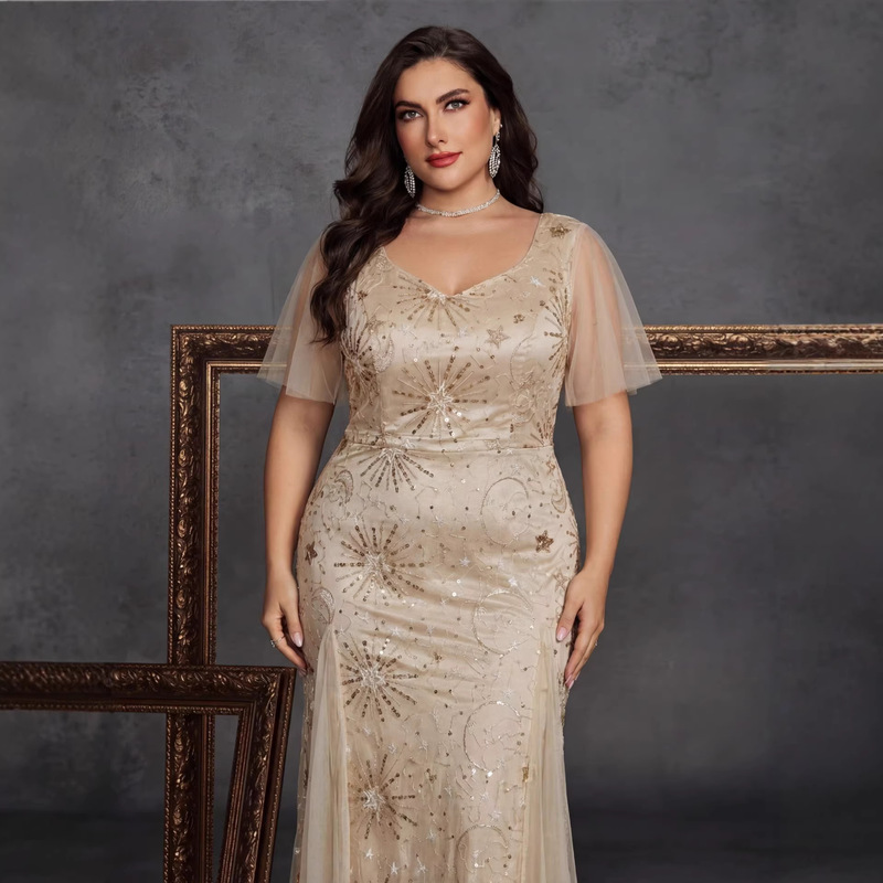 2026 New Cross-Border Evening Dress European and American Style V-Neck Short-Sleeve Sunflower Elegant Pleated Women's Bridesmaid Dress 2026 New Cross-Border Evening Dress European and American Style V-Neck Short-Sleeve Sunflower Elegant Pleated Women's Bridesmaid Dress