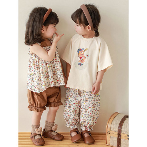 Qiu Duomeng Girls' Floral Camisole Top Shorts Set Summer Children's Cartoon Short-Sleeved T-Shirt Baby Pants