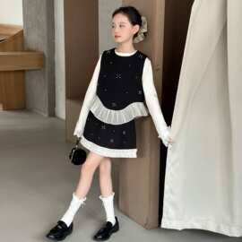 女童套装春秋2026新款洋气时髦儿童西装马甲背心小女孩半裙三件套