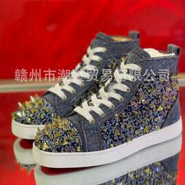 cl andgz男鞋牛仔烫彩钻铆钉高帮红底鞋水晶鞋女鞋情侣板鞋海参鞋