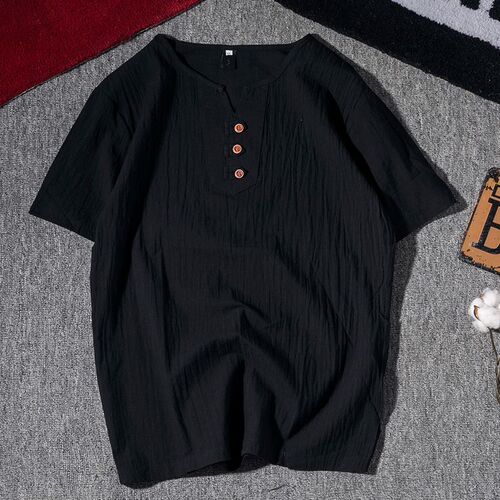 Summer Cotton Linen Short Sleeve T-shirt for Men in Oversized Semi-Shirt Style, Chinese Style Fashion Brand Linen V-Neck Top