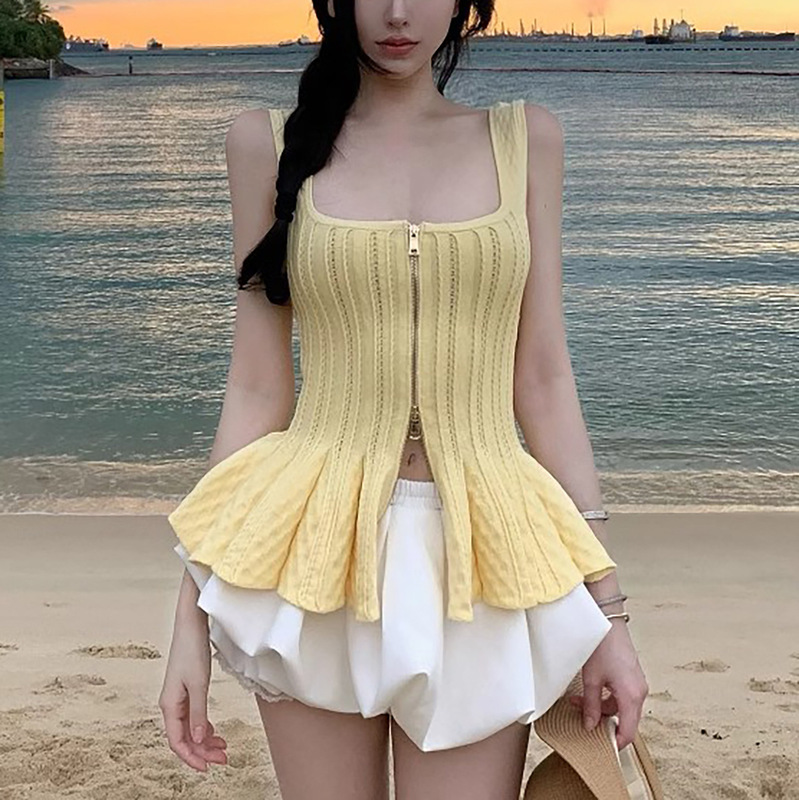 Ready Stock Elegant Casual Ballet Style Large U-Neck Pleated Skirt Double Zipper Design Knitted Suspender Top for Women