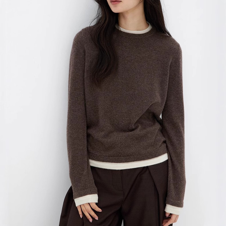 Contrast Color Fake Two-piece Round Neck Velvet Knitted Base Shirt Women's Autumn and Winter Lazy High-grade Grey Sweater Inner Top