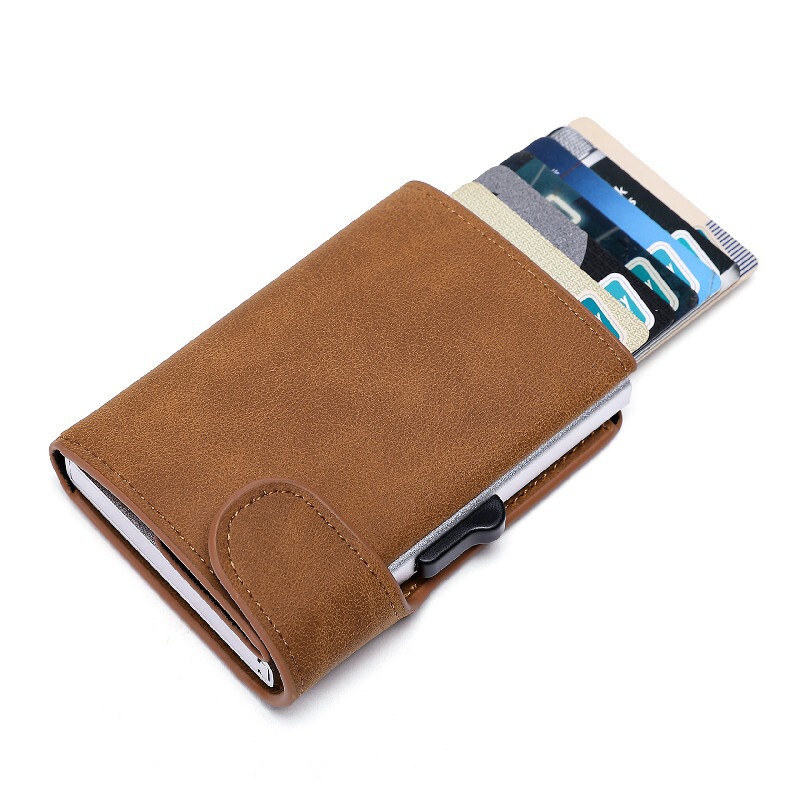 Factory wholesale in stock cross-border supply of new crazy horse leather aluminum alloy card case wallet credit card bag side push