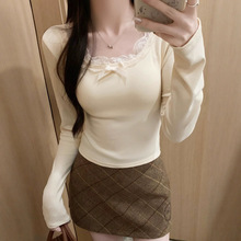 纯欲蕾丝内搭打底衫女秋冬季2026新款蝴蝶结短款低领小香茶艺上衣