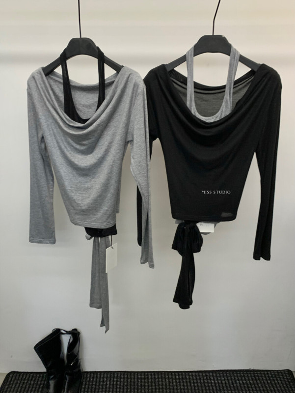 【MISS密思家正品店】净版挂脖背心+露肩荡领舒适小衫套装89028|undefined