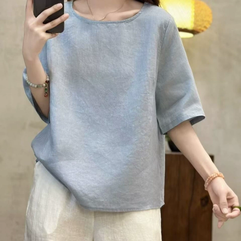 2025 новый летний стиль, супер дышащая льняная французская футболка из конопли, однотонная футболка с короткими рукавами, свободный утягивающий топ для женщин