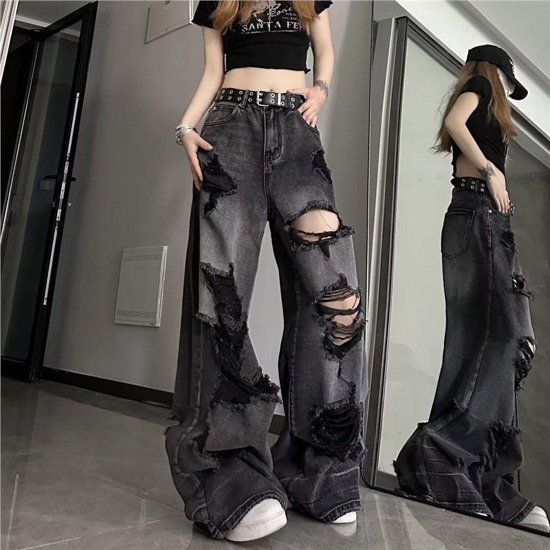 American High Street Niche Design Super Popular Ripped Pants Women's Summer New Ins Dark Style Denim Wide Leg Pants