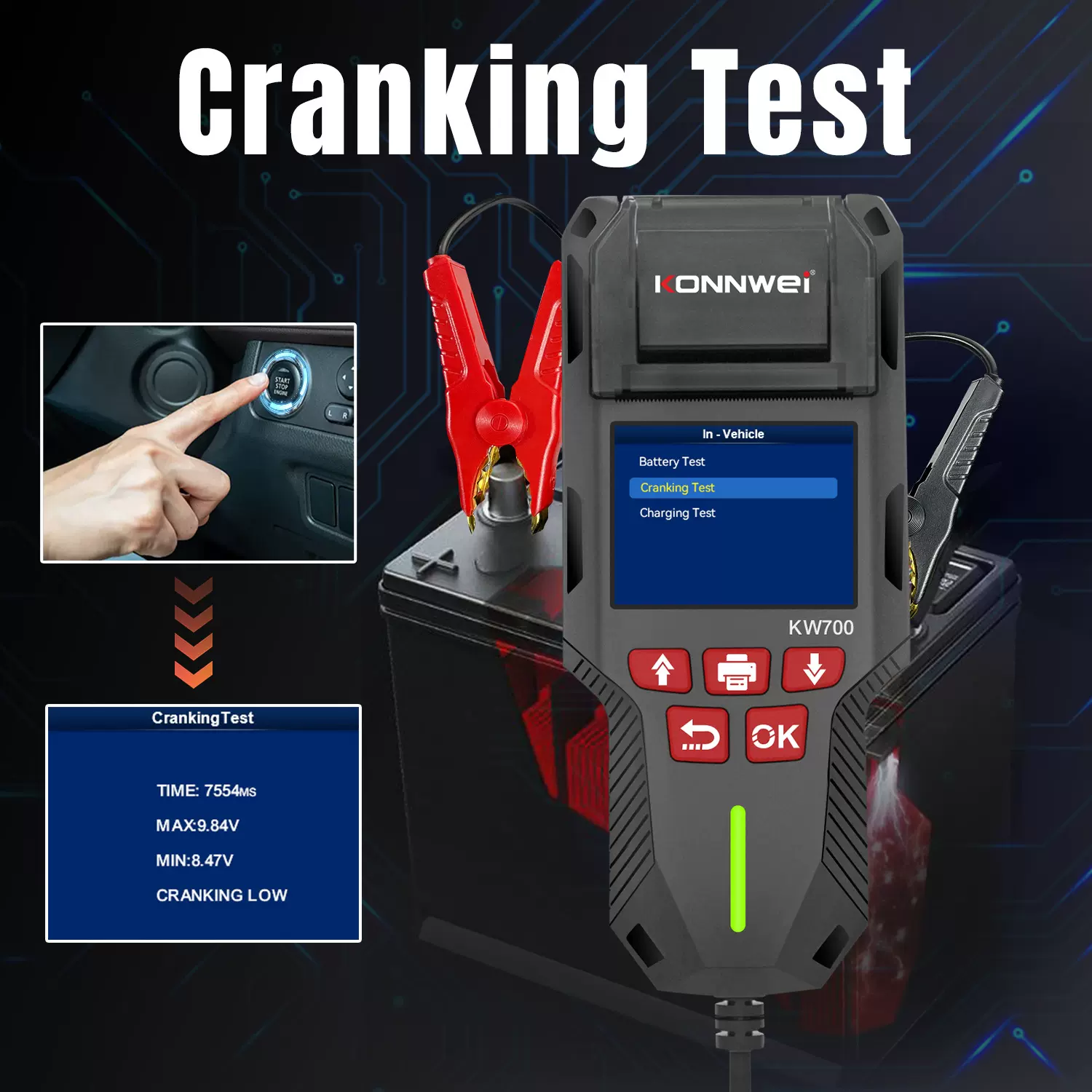 KONNWEI新款KW700，12V-24V汽车电池检测仪汽车内阻仪带直接打印
