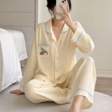 2026春秋新款云朵棉黄条纹小狗刺绣睡衣女开衫家居服大码套装批发