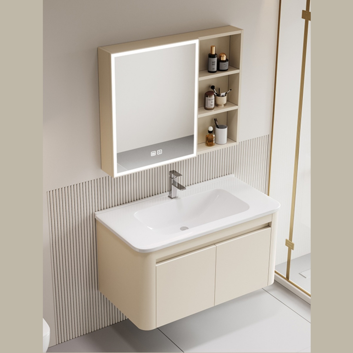 Baño de aire de crema espacio de aluminio panal de baño gabinete conjunto de esquina redondeada cerámica lavabo gabinete de espejo de belleza inteligente