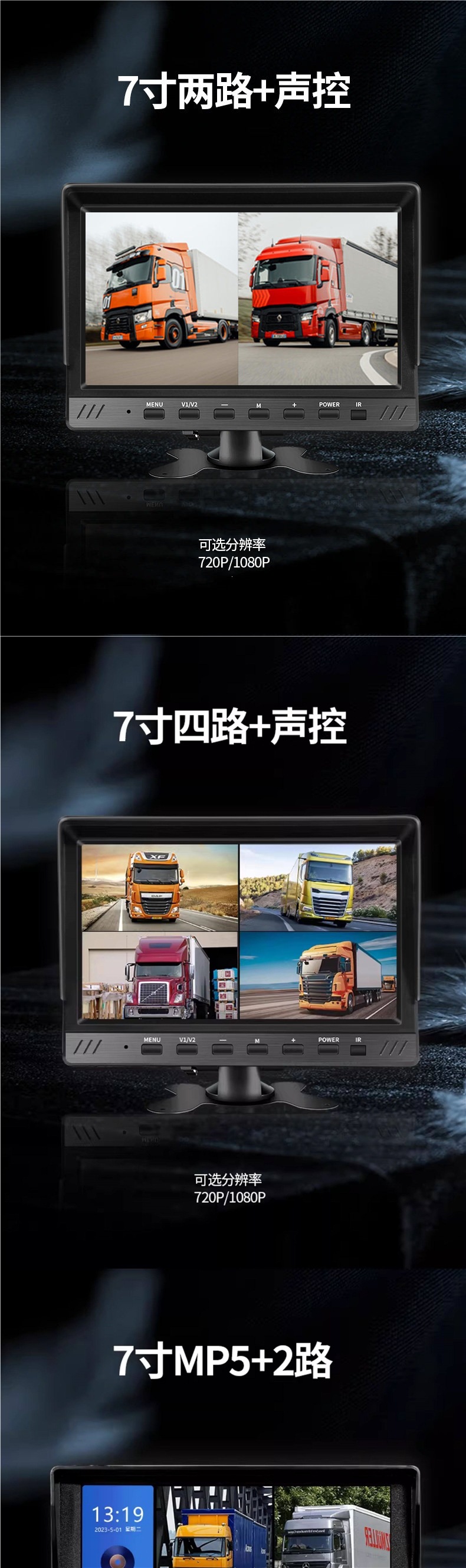 Truck Reversing Image Mp5 Car Display Screen Two-Channel Four-Channel High-Definition Monitoring 24V Driving Recorder Monitor