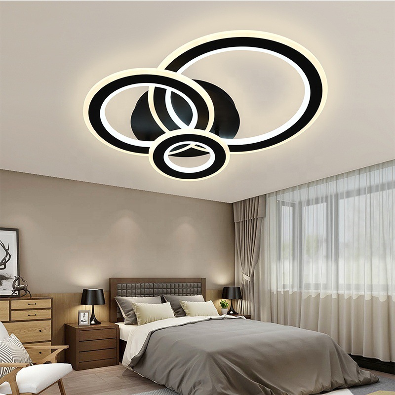Lámpara de techo inteligente moderna de montaje en la superficie del dormitorio, lámpara de techo LED, lámpara de dormitorio redonda negra nórdica