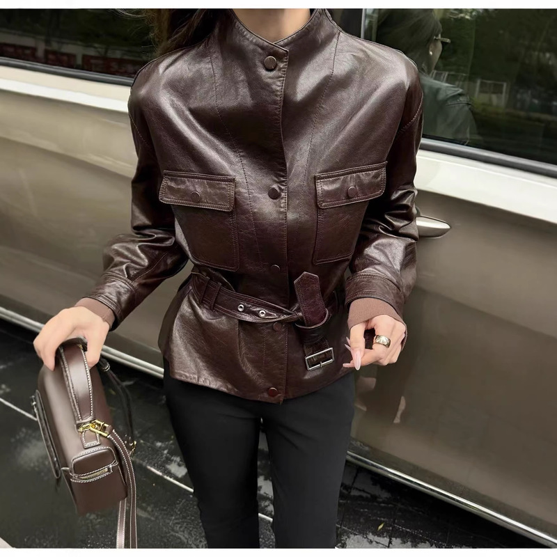 Celebrity-Inspired Oil Wax Leather Jacket for Women, Loose Fit, Slimming, Concealing, Emerald Green Genuine Leather, Two-Button Jacket, High-Quality, New Spring Model