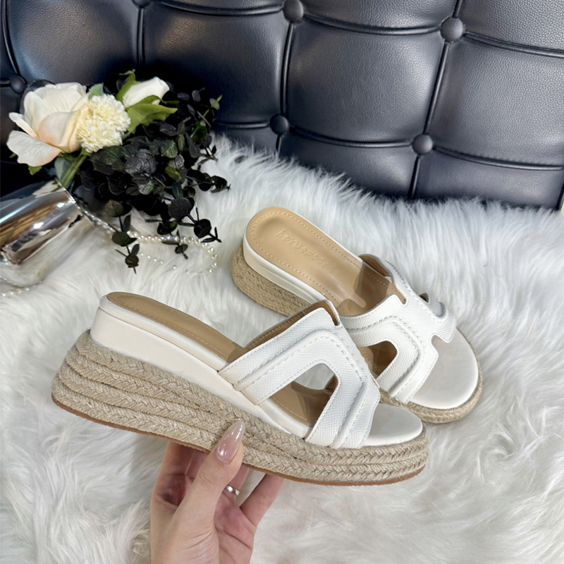 Zhao Lusi와 같은 스타일 ~ 높이 8cm 증가 복고풍 정품 가죽 여름 휴가 H 자형 대마 로프 웨지 여성용 두꺼운 밑창 비치 슬리퍼