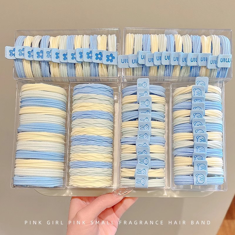 Coreano azul crema estuche de cuero pequeño grueso cuerda para el cabello mujer verano alta elástico cuerda para el cabello cuerda alta cola de caballo lazo para el cabello banda elástica