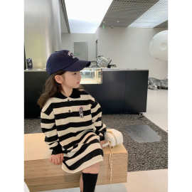清仓女童韩版宽松Polo领条纹T裙秋装新款休闲直筒卫衣裙潮Q2138