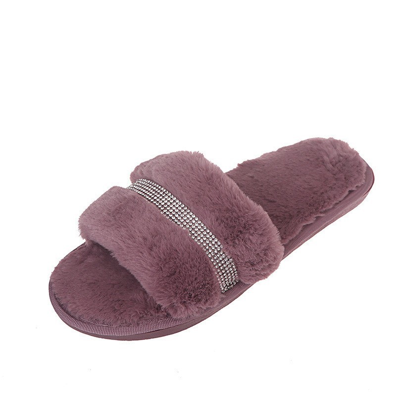 Nueva versión coreana de zapatillas de lana con tiras de diamantes de imitación, zapatillas de algodón cálidas antideslizantes para el hogar para mujeres, suministro directo de fábrica transfronterizo