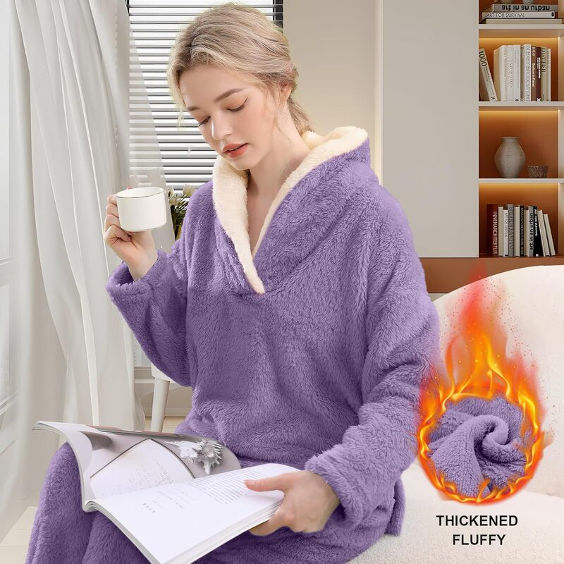 Cross-Border Amazon Women's Pajamas Warm Fleece Pajamas Set Pullover Pants Loose Casual Wear Sherpa Hooded