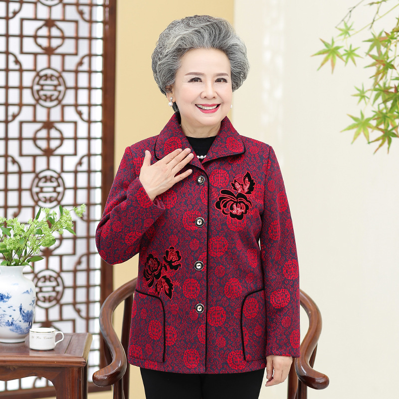 中高年の春秋女性のお母さんの刺繍のコートの60-70歳のおばあさんの冬の服は綿毛のコートのおばあさんの服をプラスします。|undefined