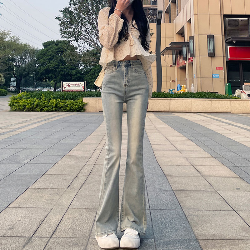 Light-colored nostalgic skinny jeans women's spring and autumn American slim straight high waist mopping elastic horseshoe flared pants