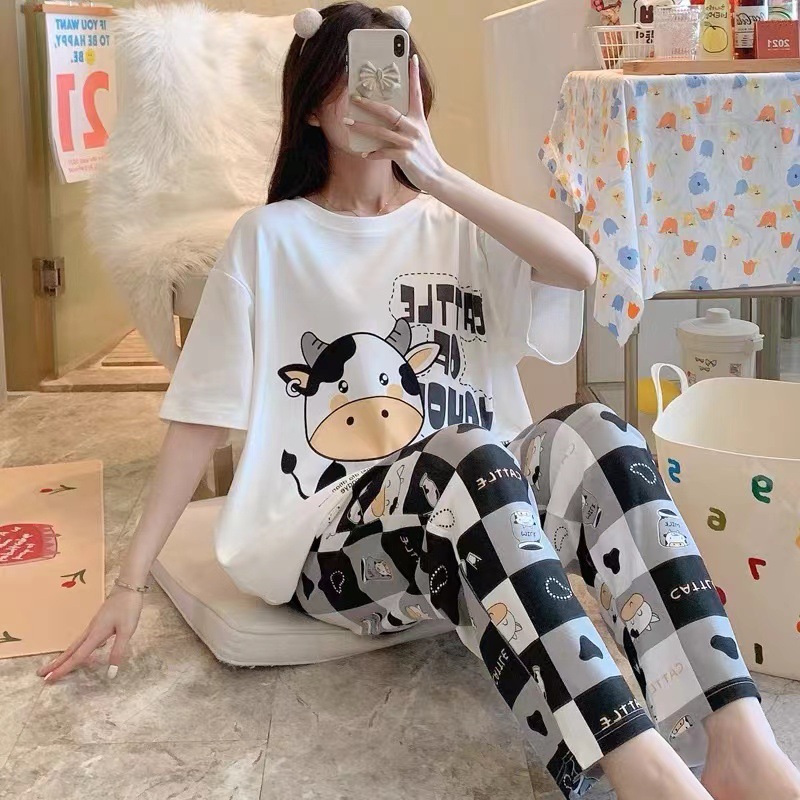 Pijamas para mujer, conjunto de verano de manga corta y pantalón largo para estar en casa, novedad 2025, primavera y otoño, estilo dibujos animados, estilo estudiantil, corte holgado.