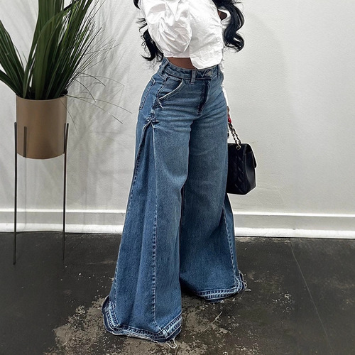 European and American cross-border American vintage imported wide-leg pants with patchwork design, trendy blue washed denim trousers, loose-fitting long pants