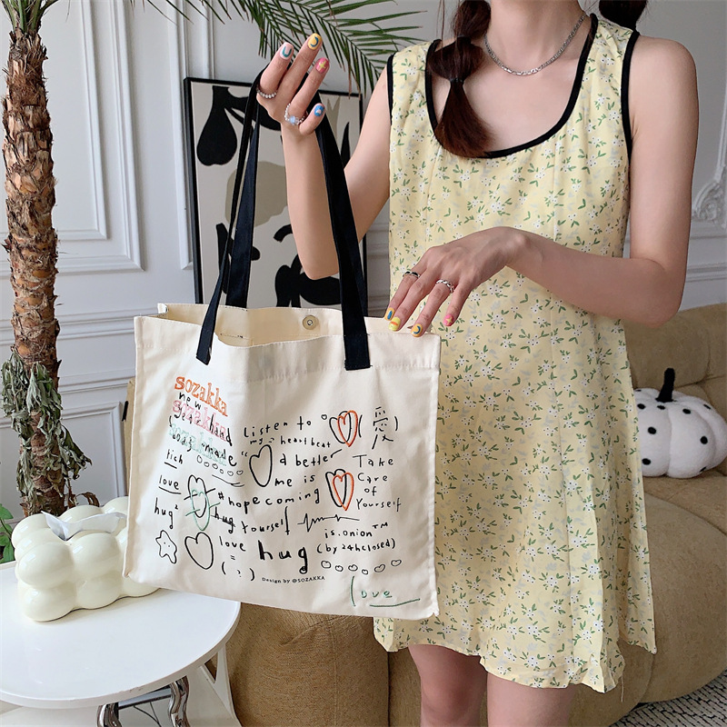 36273 Japanese and Korean canvas bag for women, versatile large-capacity embroidered and printed hand-held shoulder bag, student class bag undefined