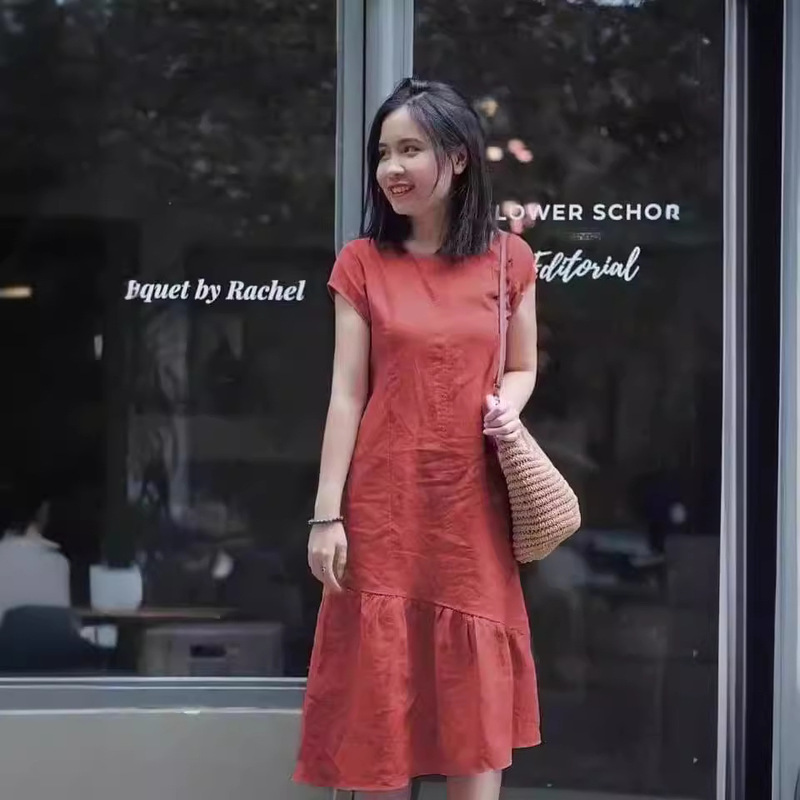 2024 New Summer Small Solid Color Literary Casual Loose Plus Size Casual Cotton Mid-length Dress for Women