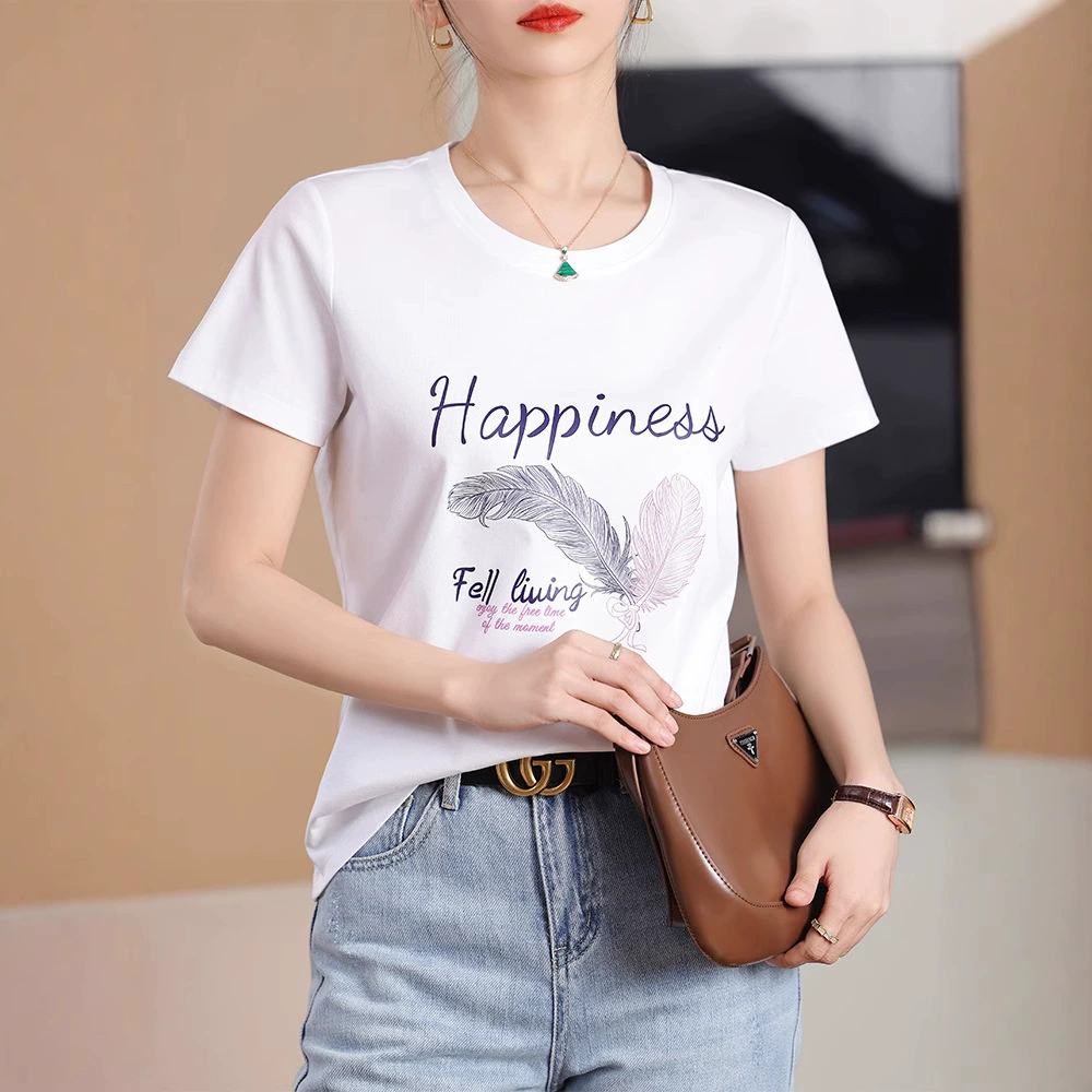 Алфавитная футболка с короткими рукавами женский 2025 новый мерсеризованый хлопковый круглый вырез повседневный премиум-класса белый оттенок рубашка для лета