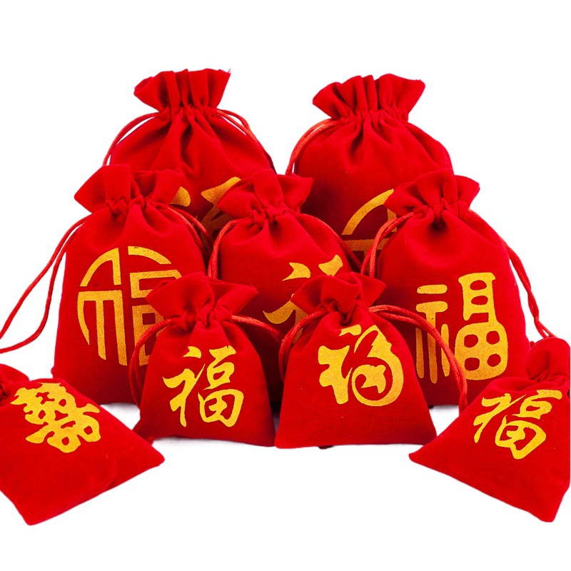 Фланелевая сумка Новогодняя сумка удачи Сумка для ювелирных изделий Новогодняя Подарочная сумка Пучок Сумка на шнурке Красный Конверт Фортуна Слово Сумка Маленькая Тканевая Сумка