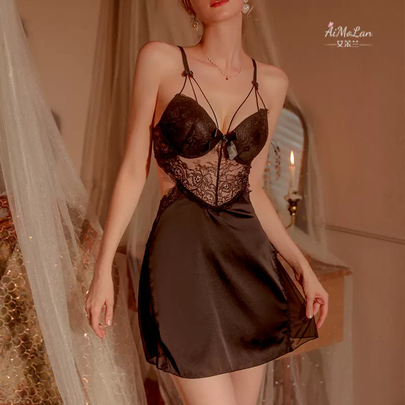 美诗兰钢托聚拢带胸垫女性感迷人辣妹睡裙蕾丝镂空美背睡衣227