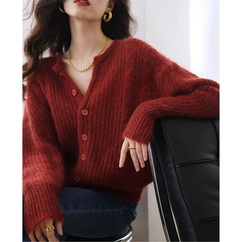 Анкора красный вязаный кардиган топ женский ранняя весна новый ретро ленивый ветер свободный короткий свитер куртка