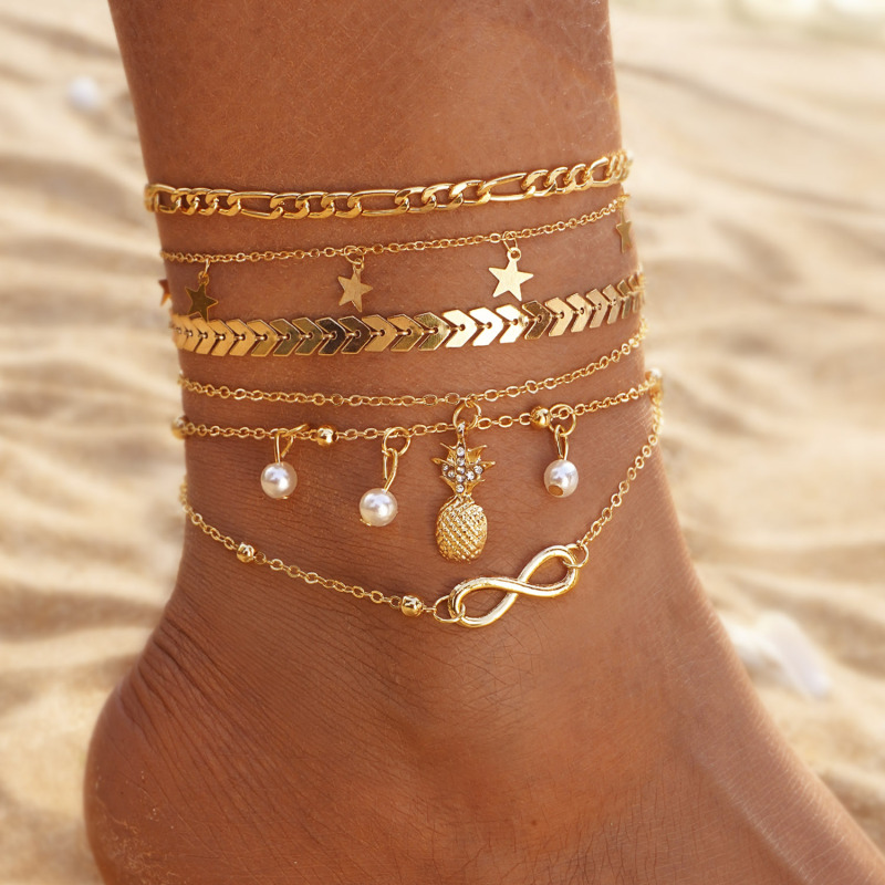 Cross-Border Beach Metal Pineapple Pearl Anklet Set Retro Multi-Layer Pendant Anklet Girls High-End Foot Accessories Cross-Border Beach Metal Pineapple Pearl Anklet Set Retro Multi-Layer Pendant Anklet Girls High-End Foot Accessories