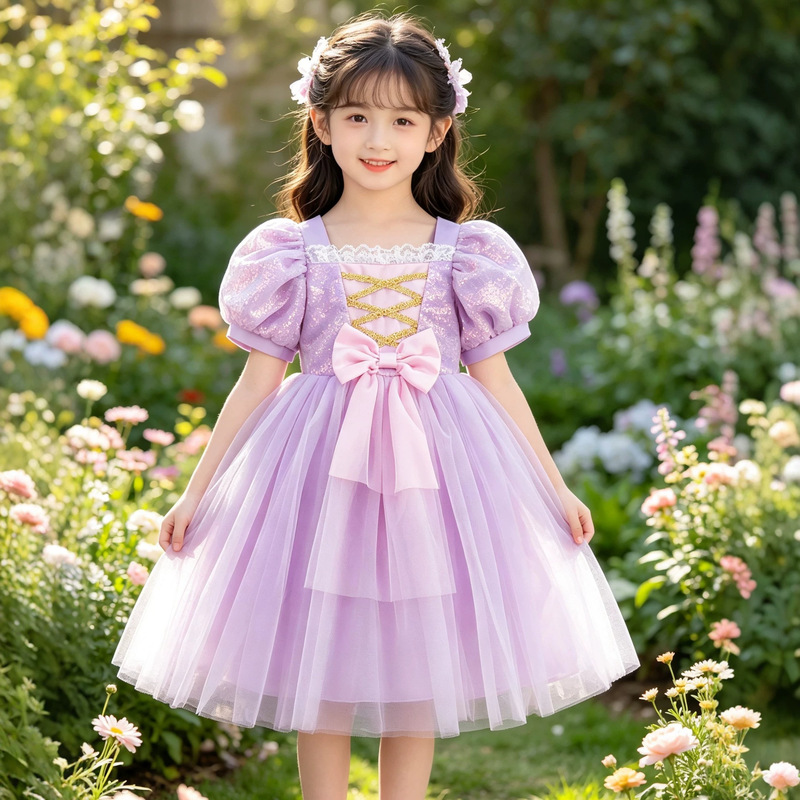 Girls' New Style Sophia Long-Haired Princess Puffy Dress Party Dress with Mesh Splicing and Bow Princess Dress Girls' New Style Sophia Long-Haired Princess Puffy Dress Party Dress with Mesh Splicing and Bow Princess Dress