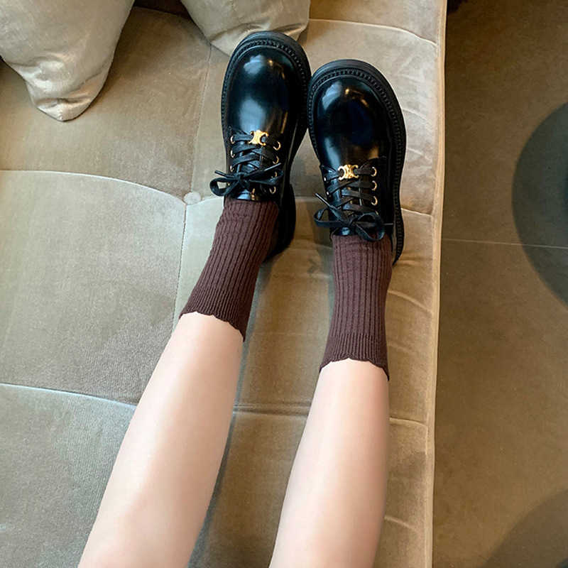 2023 primavera nuevos mocasines de cuero genuino estilo preppy japonés con cordones de metal punta redonda fondo grueso tacón grueso zapatos de cuero para mujeres