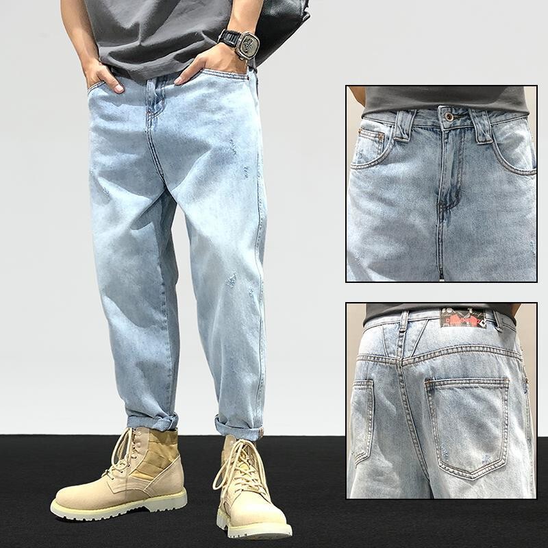 Summer Ripped Jeans Men's Trendy Brand Straight Loose Large Size Light Color Patch High Street Ins Nine-point Men's Pants
