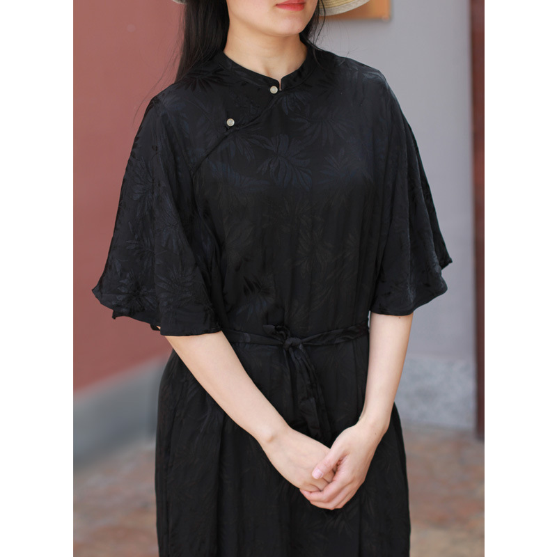 Women's Silk Jacquard Chinese Style Vertical Collar Trumpet Sleeve Loose Cheongsam Dress National Style Retro Long Dress Summer 21422