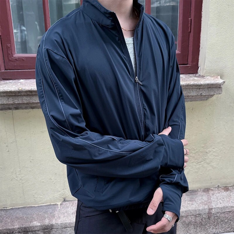 Deep Sea Blue Stand-Up Collar Outdoor Sports Lightweight Jacket for Men, Summer Cool Golf Cycling Jacket, Fashionable Trendy Top