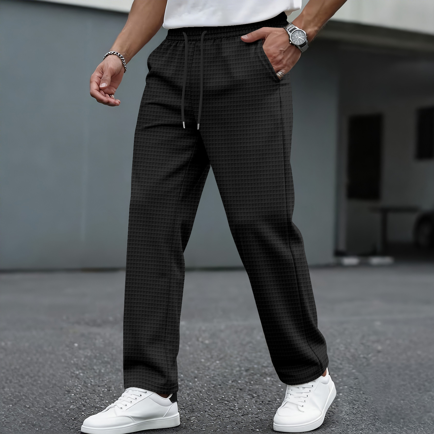 Men's Large Checkered Casual Sportswear Trousers Belted Waist Wide Leg Midweight Polyester Long Pants Black Gray Solid Color_viptrois.com