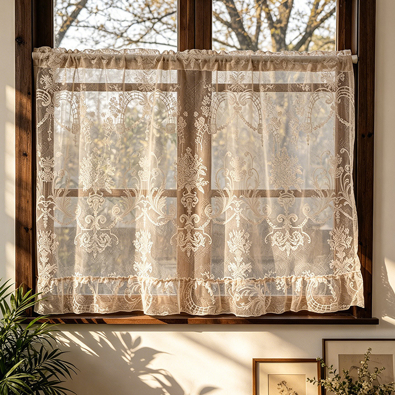 2026 New French Retro Cream Wood-Style Coffee Curtains for Living Room Balcony Bay Window Light-Transmitting Hollow Lace Window Sheer