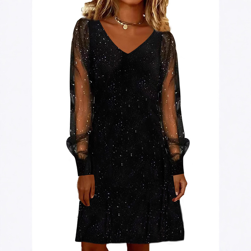 2026 European and American Cross-Border Spring and Summer Starry Sky Dress for Women V-Neck Mesh Sleeves Shiny Party Dress 2026 European and American Cross-Border Spring and Summer Starry Sky Dress for Women V-Neck Mesh Sleeves Shiny Party Dress