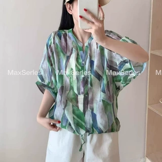 夏季新款轻薄款天丝印花小衫宽松显瘦水彩感印花V领宽松衬衫批发
