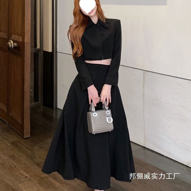 法式气质polo领短款外套上衣时尚套装女秋季高腰半身裙长裙两件套