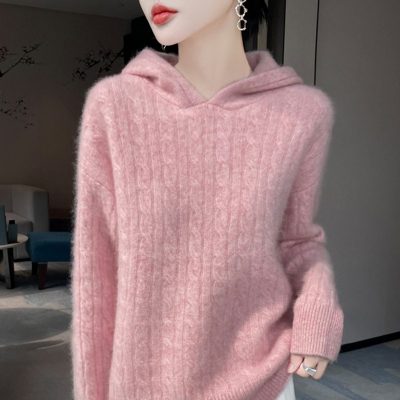 Hooded Cable Knit 100% Pure Wool Sweater for Women, Thickened Loose Lazy Style Soft Knitted Base Sweatshirt Hoodie