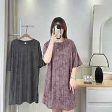 200斤胖妹妹韩版大码女装夏季新款时尚中长款破洞短袖连衣裙6897