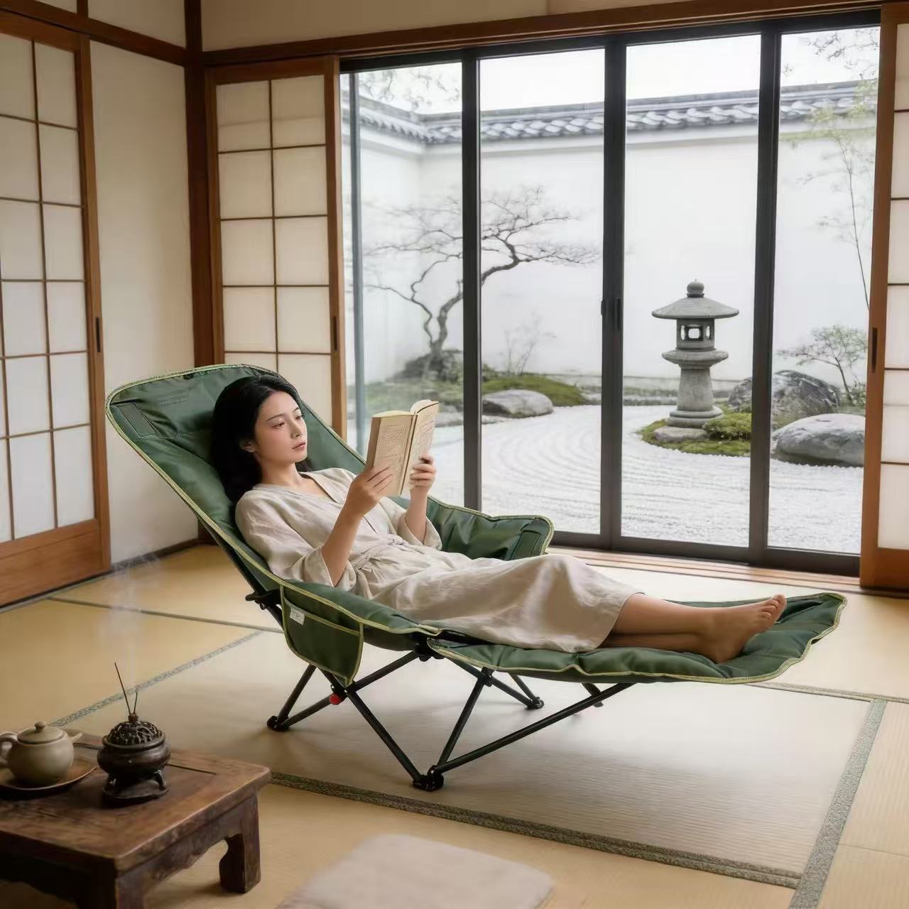 Indoor folding lounge chair, moon chair, widened and enlarged, dual-purpose for sitting and lying down, padded folding bed, perfect for lazy home use and napping