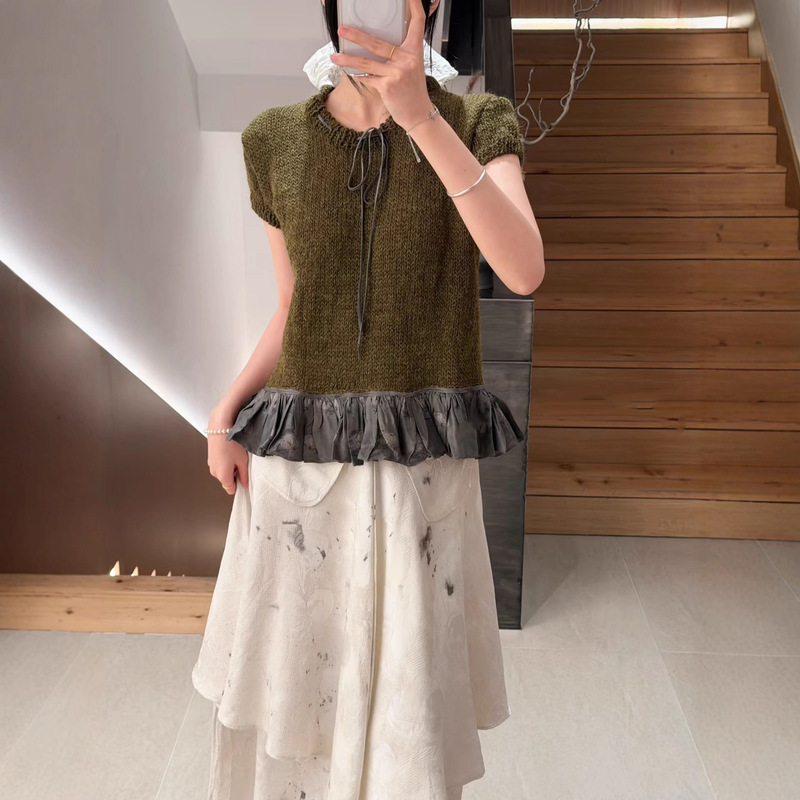 Lace Knit Sweater for Women 2025 Autumn and Winter New Style Hand-Knitted Lace-Up Patchwork Short-Sleeved Sweater Silk Lazy Style