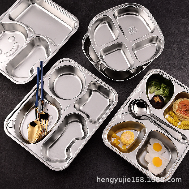 304 Stainless Steel Divided Dinner Plate Square Little Bee Kidsren's Dinner Plate with Cutlery Trough Canteen Self-service Rice Plate