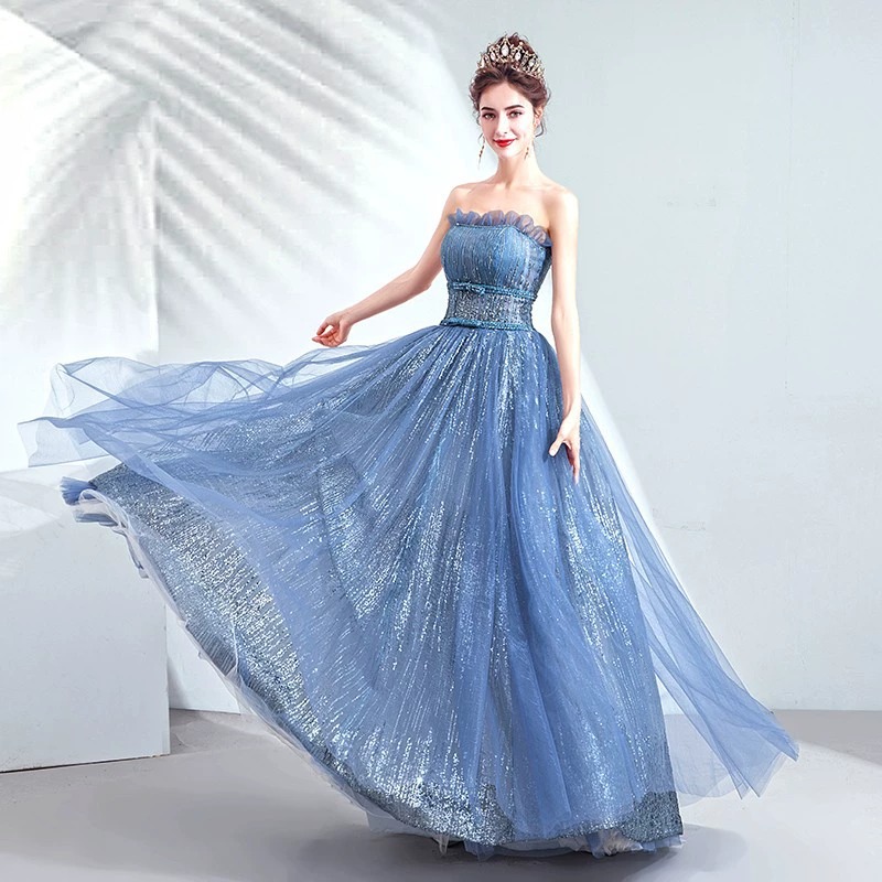 Vestido de noche azul para banquetes y actuaciones escénicas, nuevo modelo 2026, actuación individual, fiesta de mondanzas, examen artístico, elegante vestido de princesa.